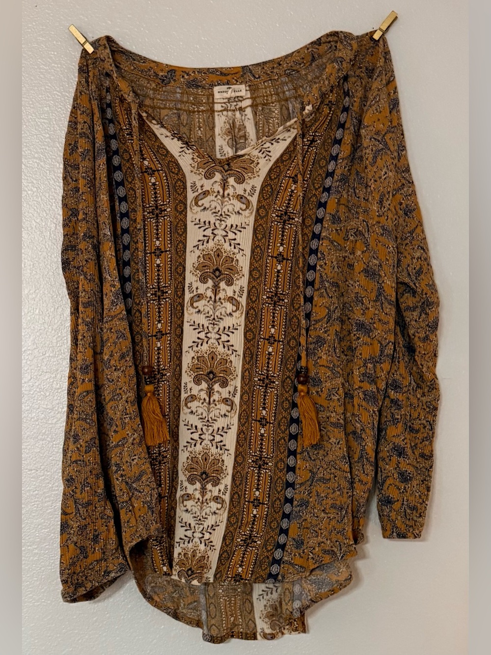 Mason & Belle M Mustard Boho Mixed Print Tassel Tie Blouse